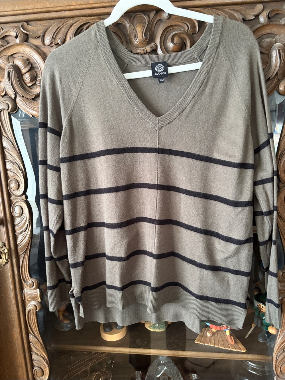 bobeau Olive and Black Horizontal Stripe V-Neck Sweater